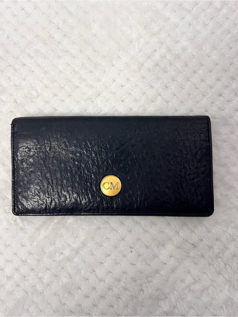 Vintage Countess Mara Classic Black Leather Long Wallet with Gold CM Emblem